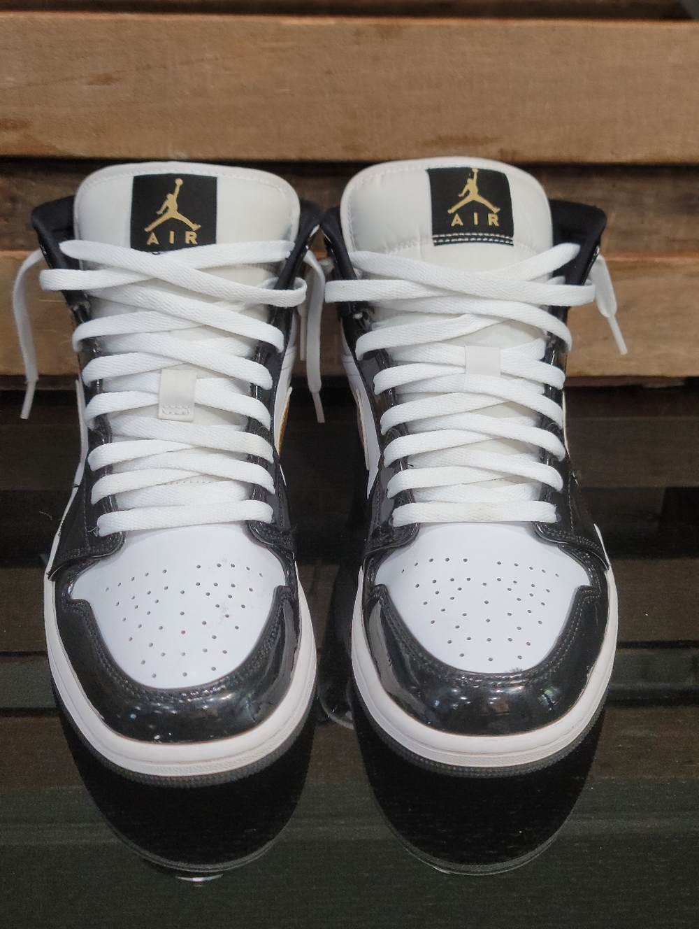 Nike Air Jordan 1 Mid SE "Patent Black White Gold" Mens 9 Ships Today - Picture 6 of 16